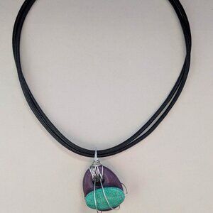SX 925 Sterling Thai Purple Nephrite Turquoise Stone Leather Corded Necklace